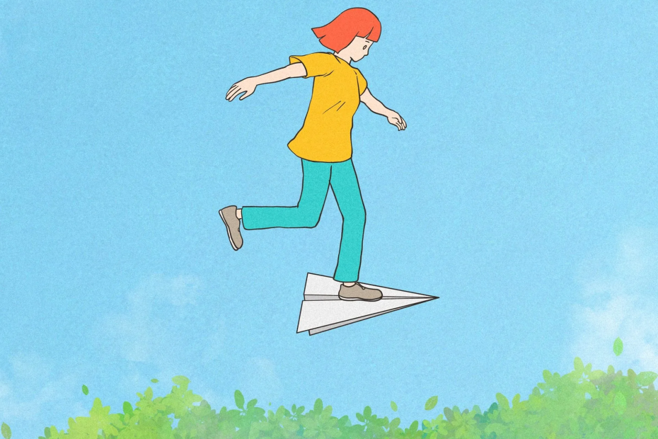 Cartoon of a girl balancing on a paper plane